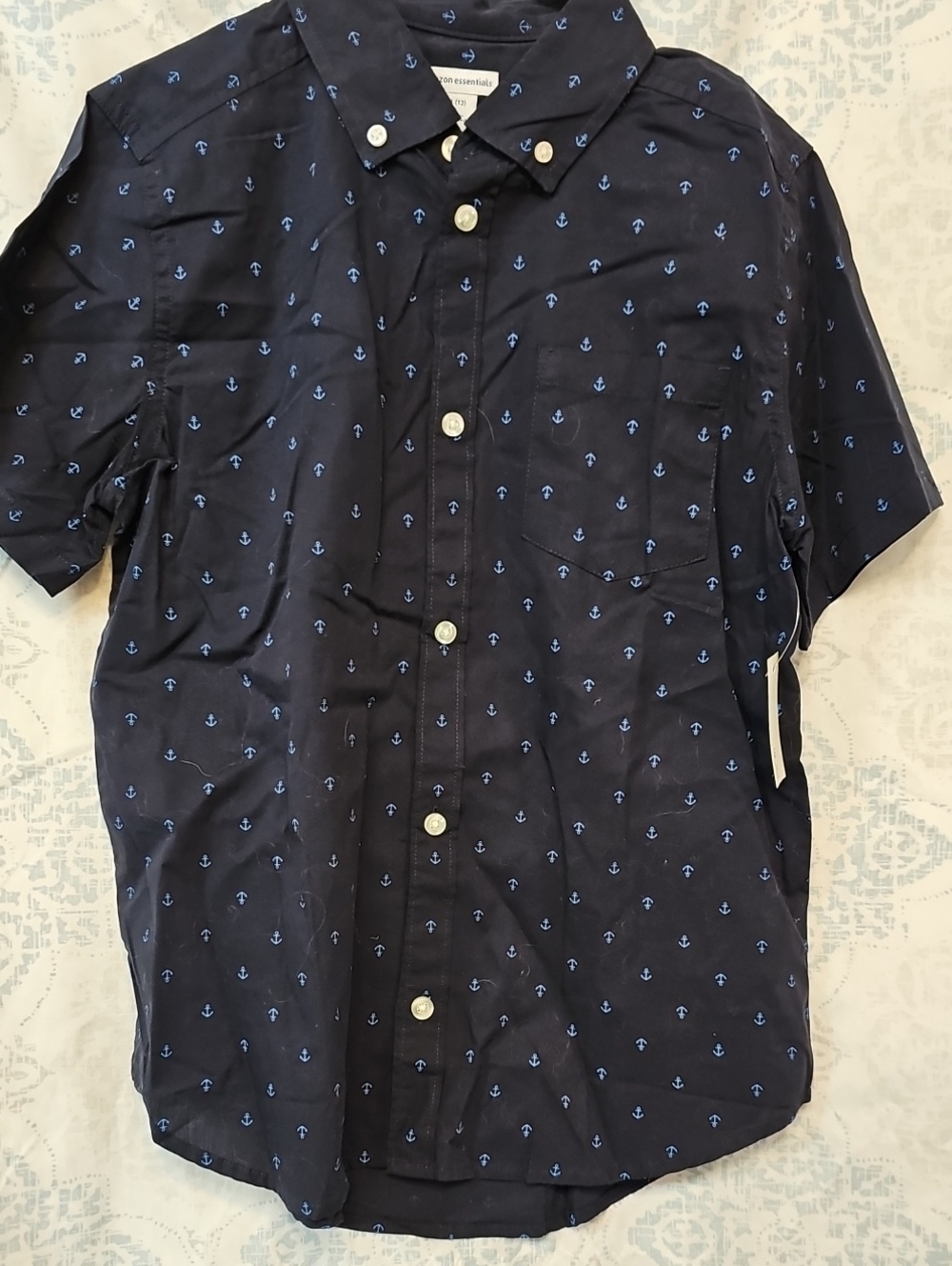 Amazon Essentials Navy Short-Sleeve Button-Down Shirt with Blue Anchor Print